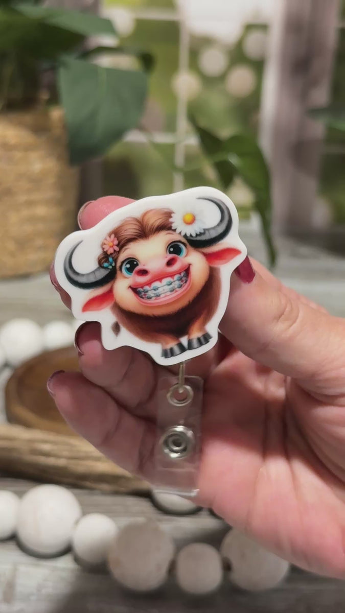 Highland Cow In Braces Retractable Badge Reel